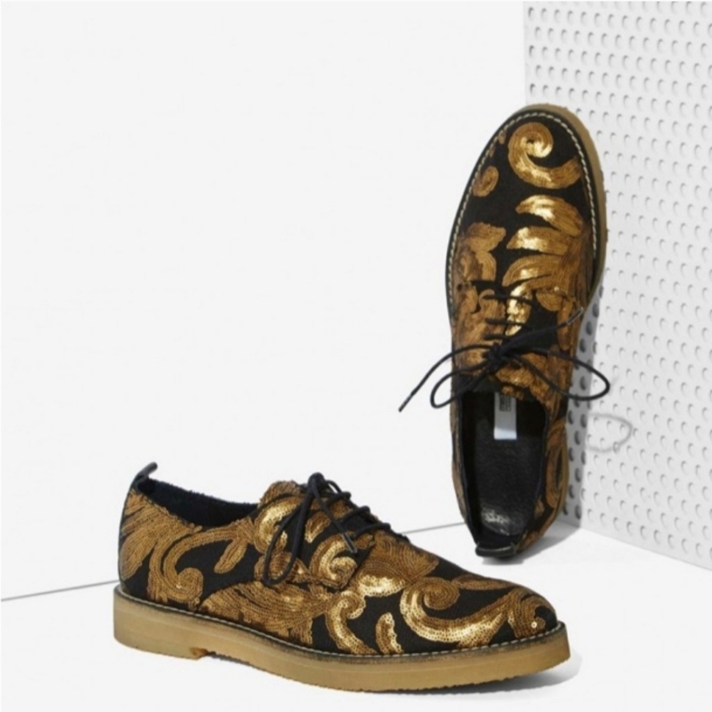 Miista Eloise Gold/Black Sequin Brogue NWOT